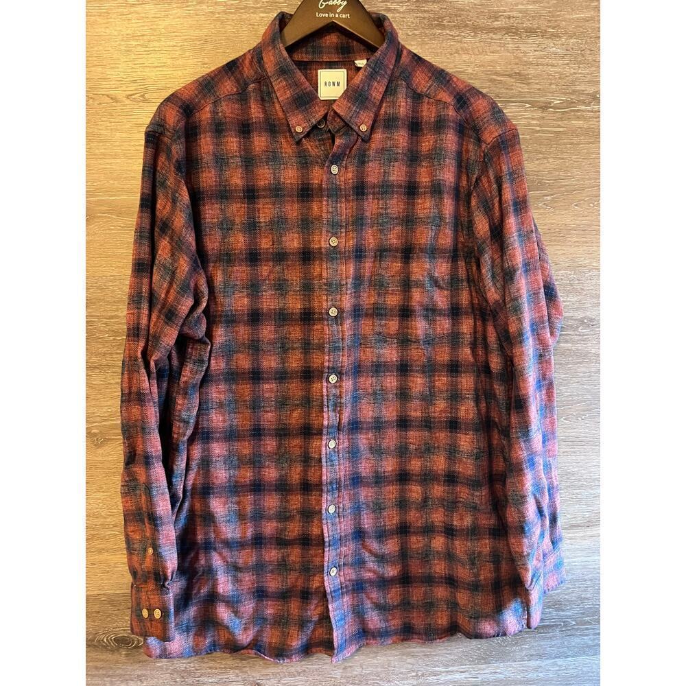 Rowm Men Shirt button down plaid size XL Red Blue Warm Tall